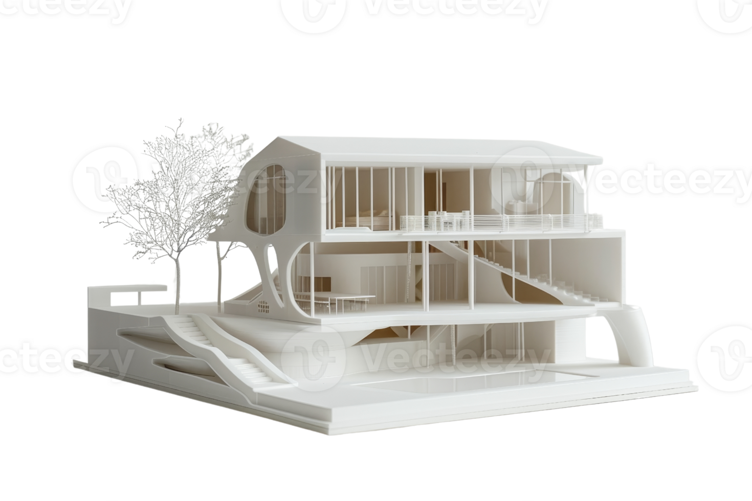 Architectural model of a contemporary house with three levels, spacious interiors, and modern design elements. Ideal for architecture concepts. png