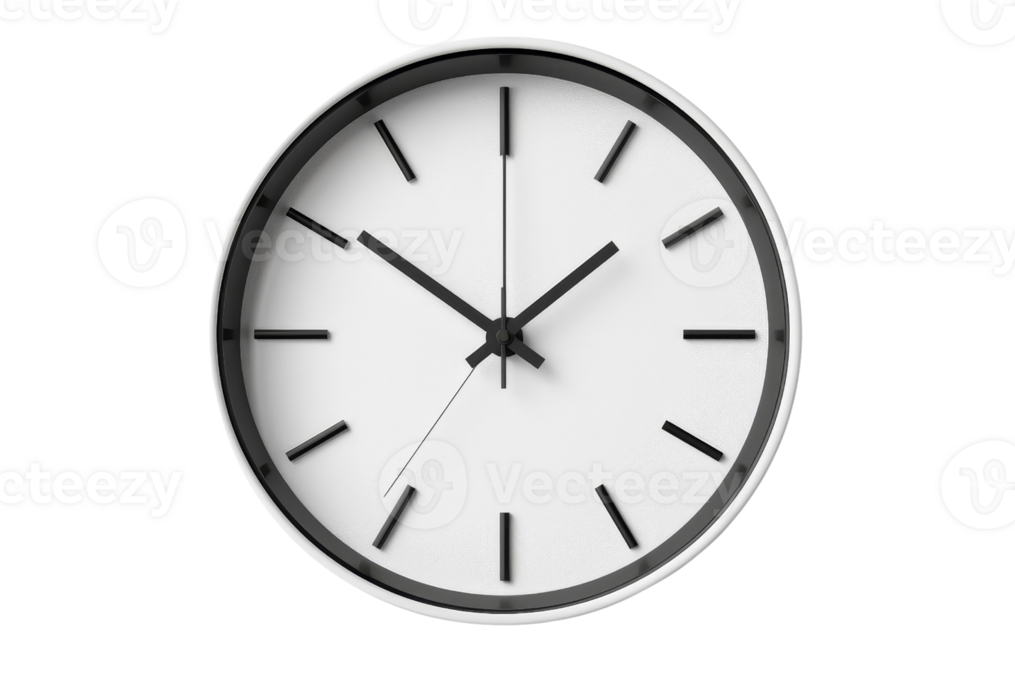 Minimalist round wall clock with black hands and hour markers on a transparent background. Elegant design for modern home or office decor. png
