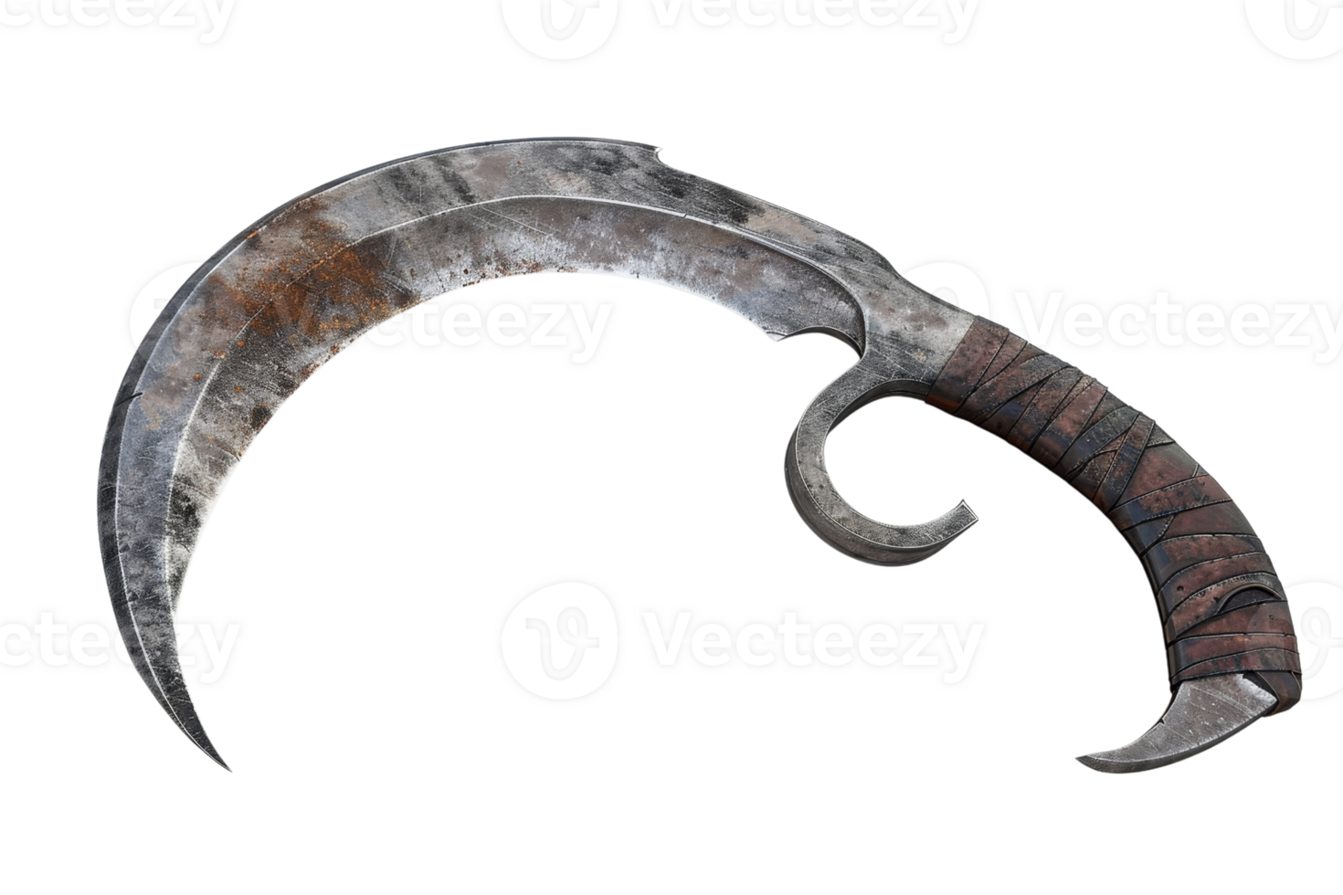 Rustic, curved hand sickle with textured wooden handle, ideal for showcasing medieval tools, weaponry, or historical agricultural instruments. png