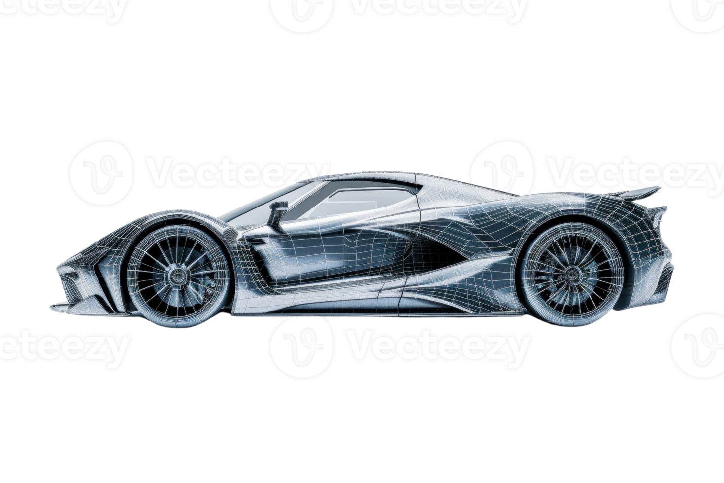 Sleek futuristic sports car side view with a geometric wireframe overlay, emphasizing modern design and cutting-edge technology. png