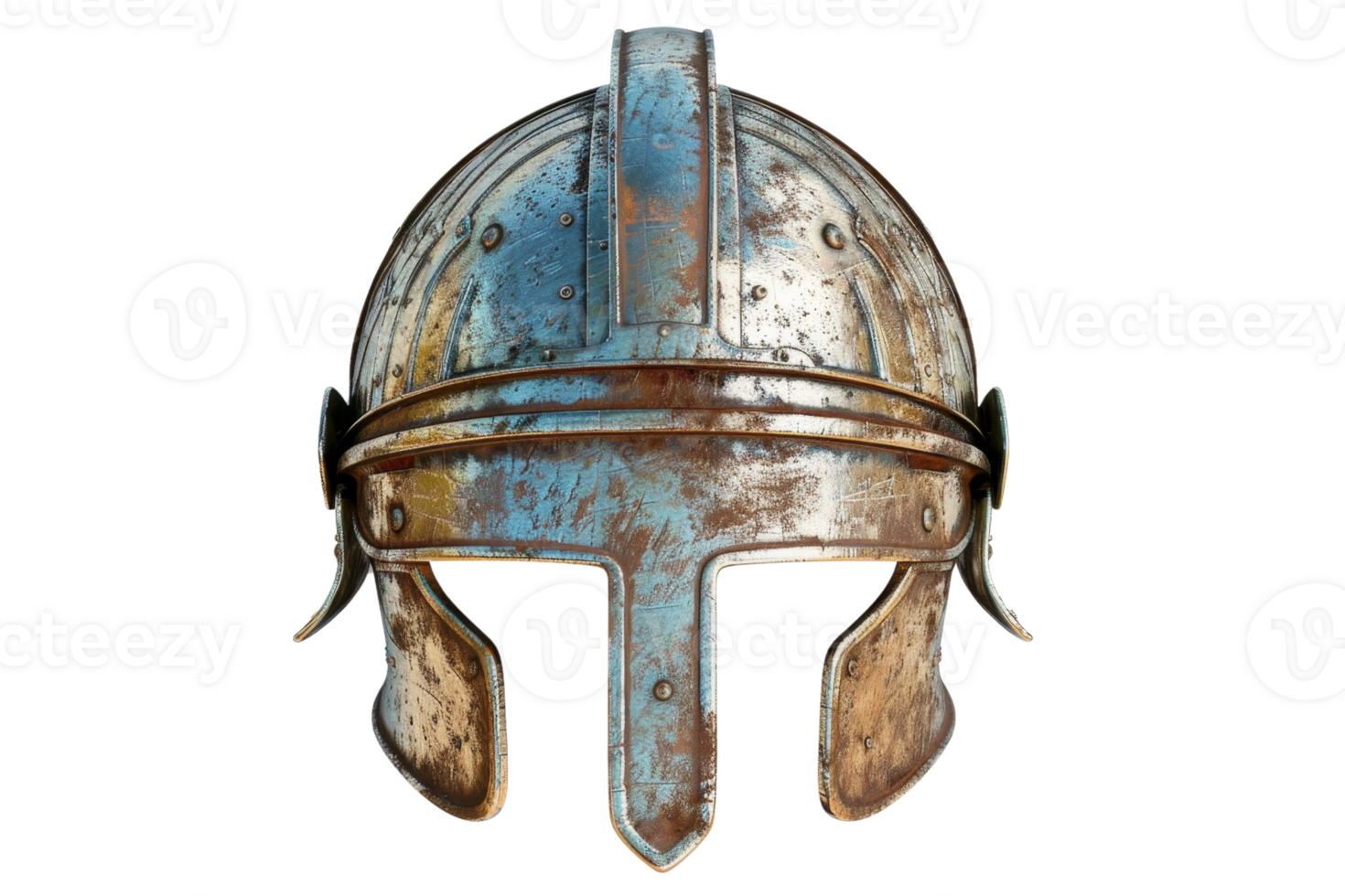 A detailed image of an antique medieval helmet with a rusted and weathered appearance, showcasing historical armor craftsmanship. png