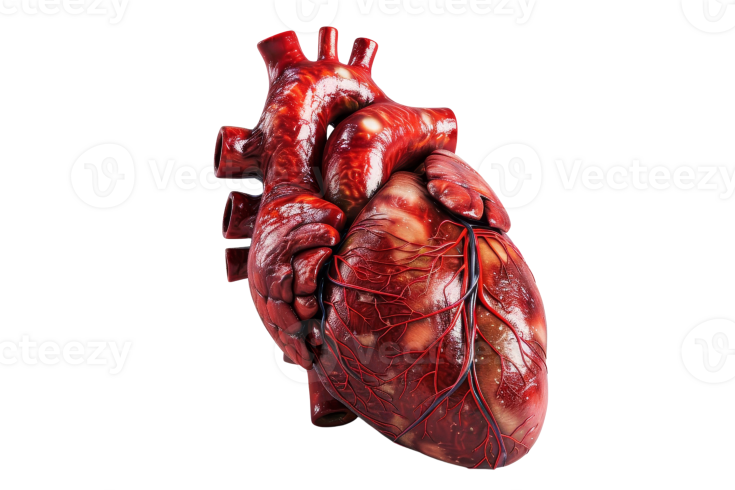 Realistic 3D rendering of a human heart, showcasing anatomical details and structure, perfect for educational and medical use. png