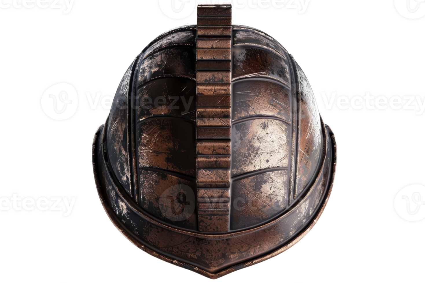 Rustic medieval helmet with intricate detailing, showcasing historic craftsmanship and metalwork, perfect for history enthusiasts and collectors. png