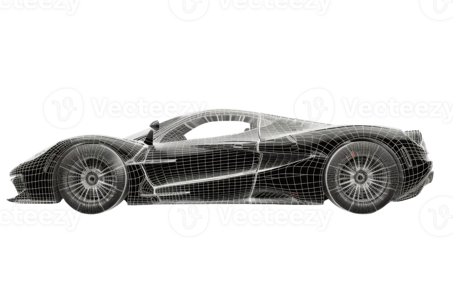 Side view of a high-performance sports car with wireframe overlay, showcasing modern automotive design and engineering. png
