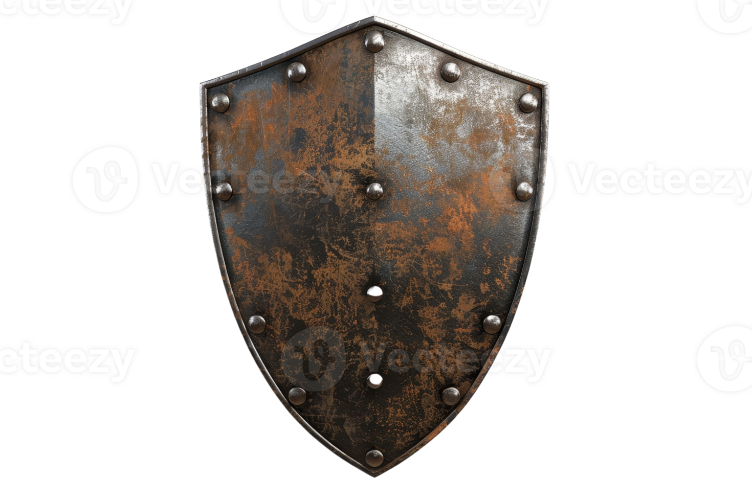 Rustic medieval shield with metal rivets, worn and weathered for a vintage, historical feel. Perfect for medieval and fantasy themes. png