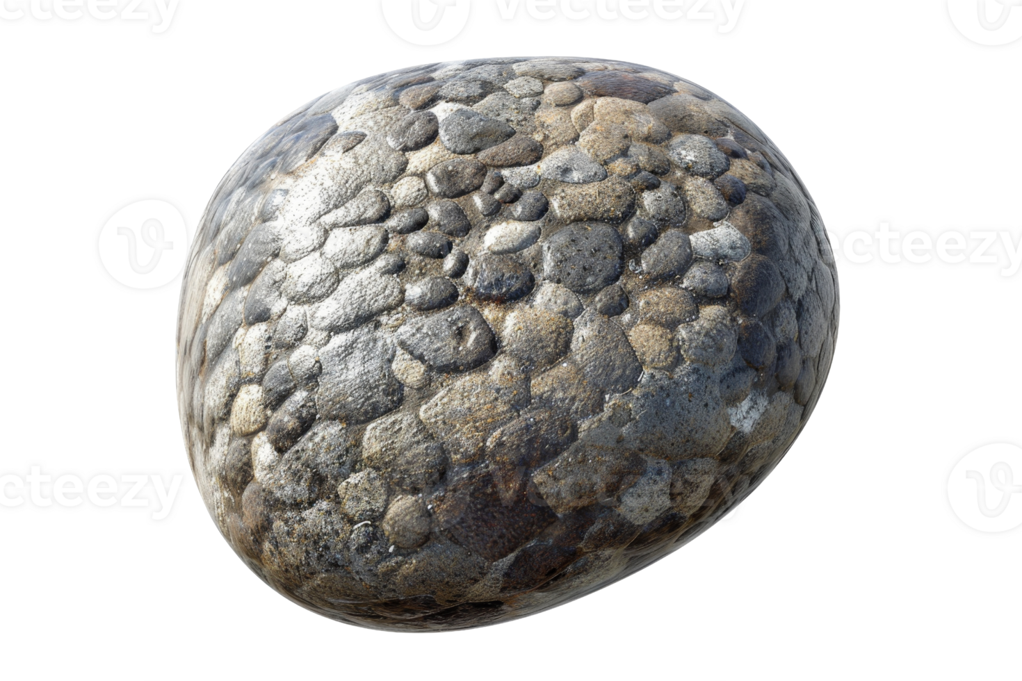 Close-up of a smooth, round rock with a textured surface, isolated on a transparent background. Natural stone with unique patterning. png