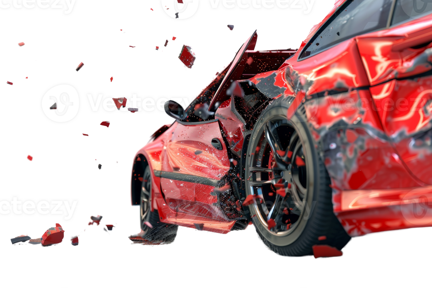 High-impact image of a red car crash with shattered parts, highlighting vehicle damage and automotive accidents. png