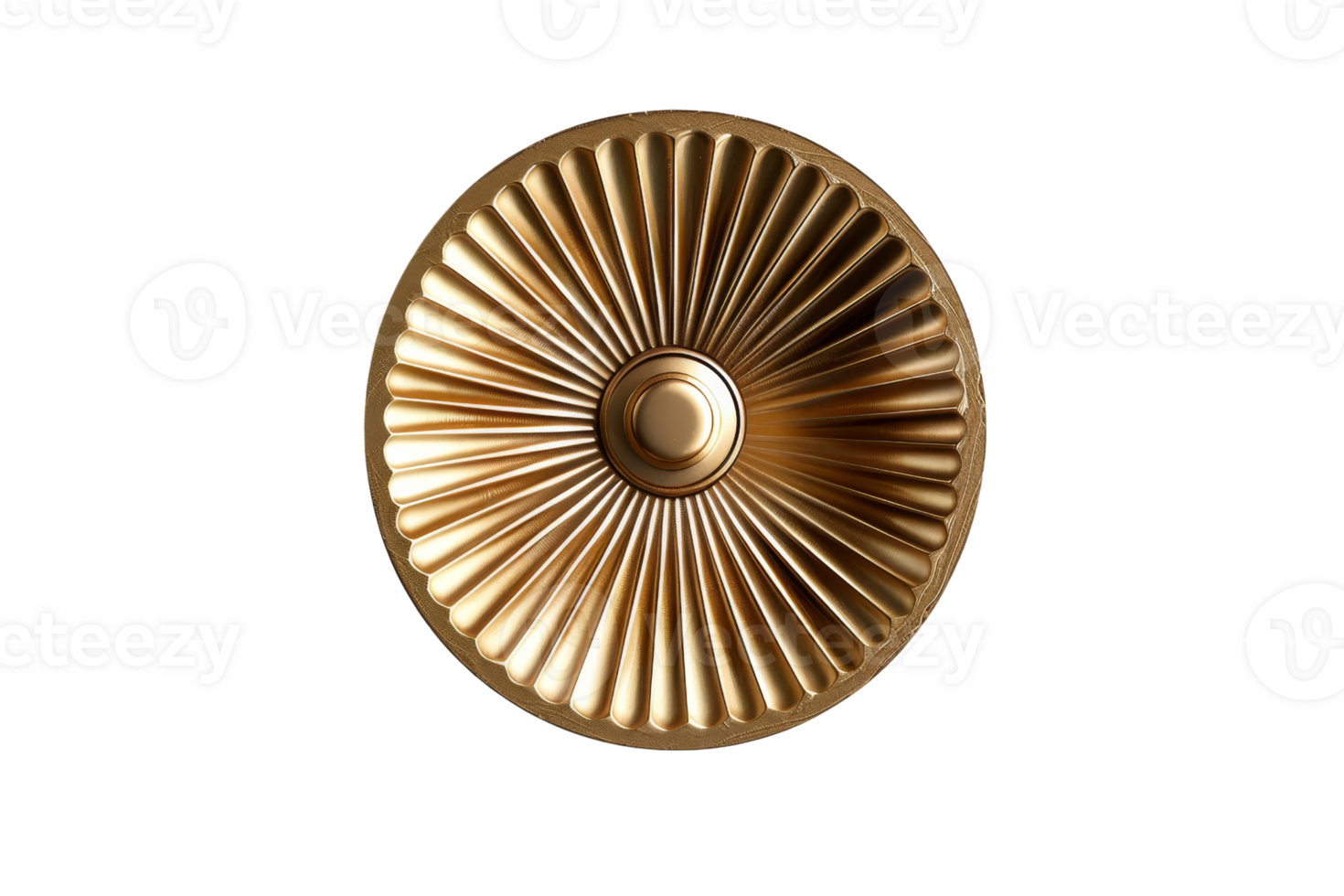 Golden decorative medallion with radial pattern, isolated on black background. Ornate, elegant design suitable for decoration or art projects. png