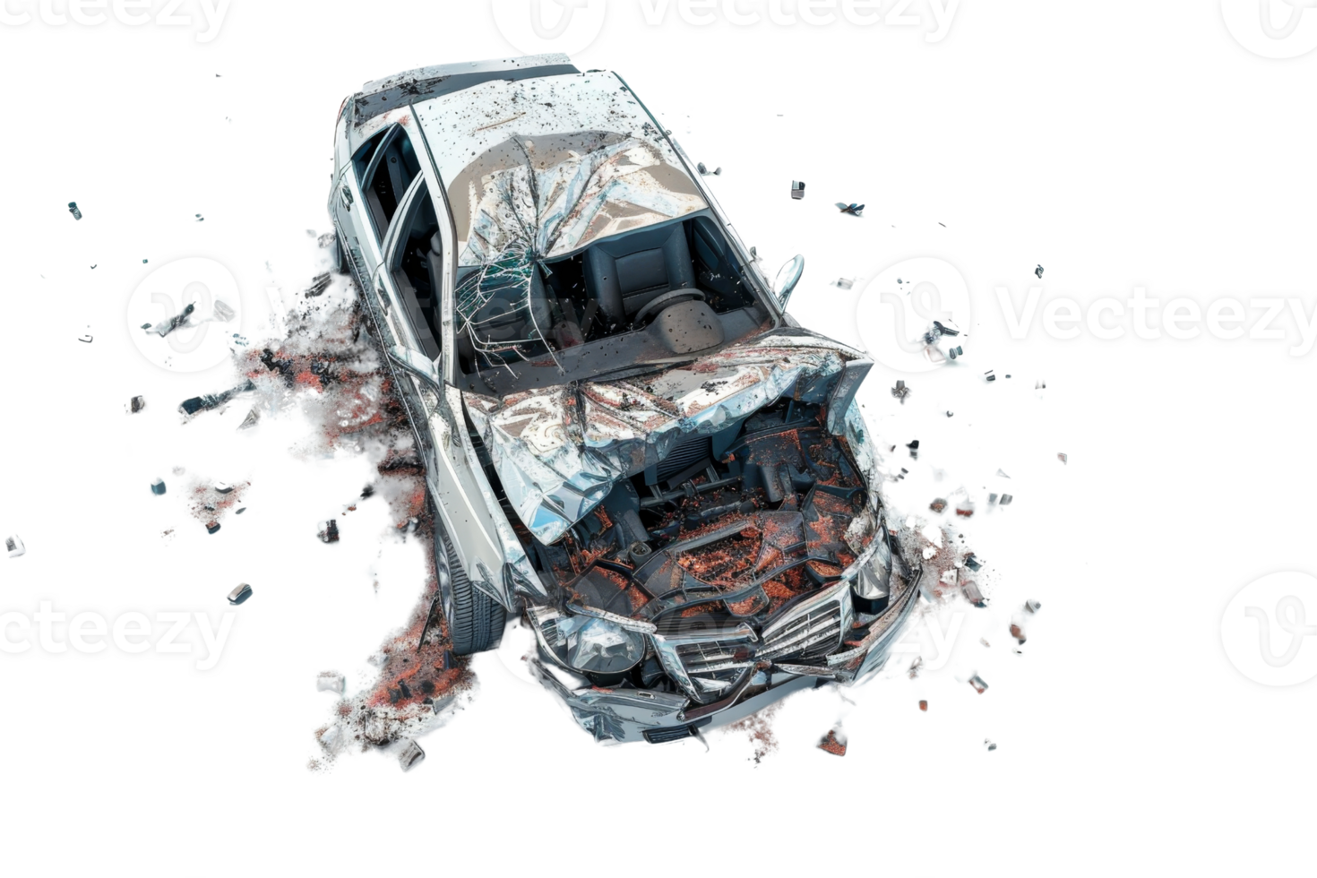 Aerial view of a heavily damaged car involved in a severe accident, with significant front-end damage and debris scattered around. png