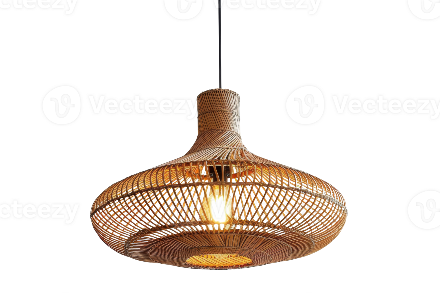 Stylish rattan pendant lamp with warm light, perfect for modern interiors, living rooms, dining areas, and cozy spaces. Elegant and functional decor. png