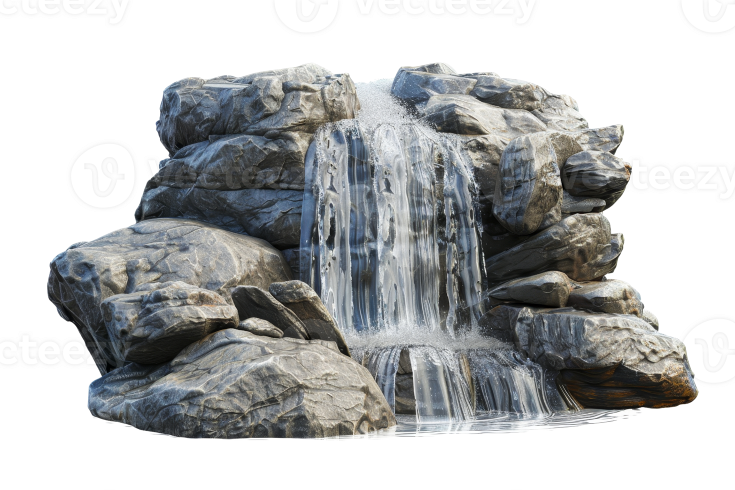 Natural rocky waterfall with cascading water, perfect for nature and landscape themes. Ideal for backgrounds and design projects. png