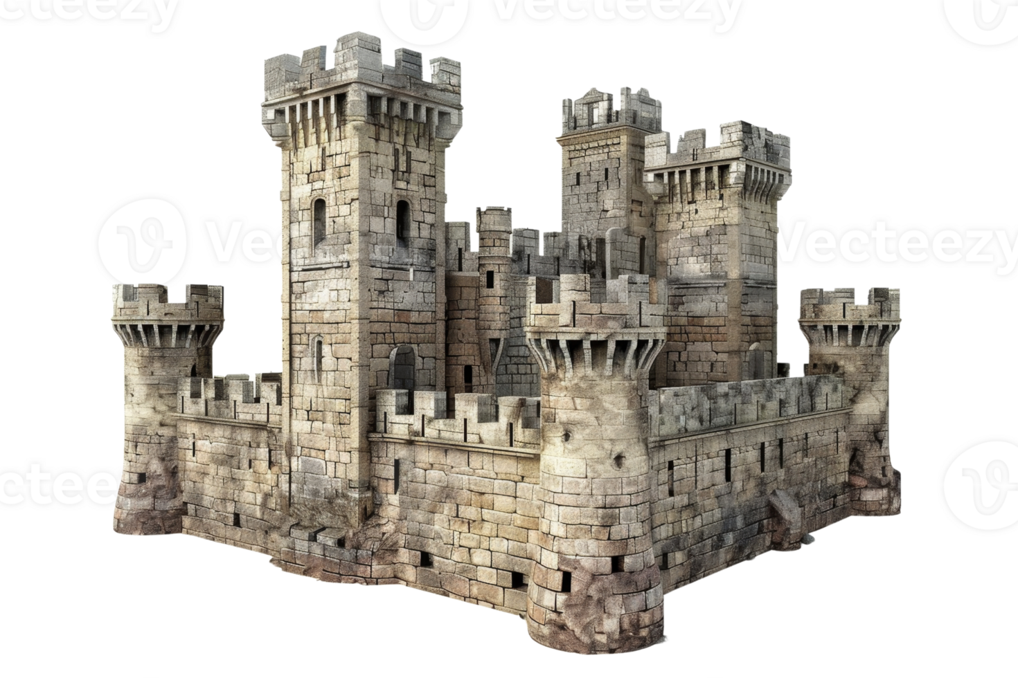 High-resolution image of a stone medieval castle with towers and battlements, perfect for historical themes and architectural references. png