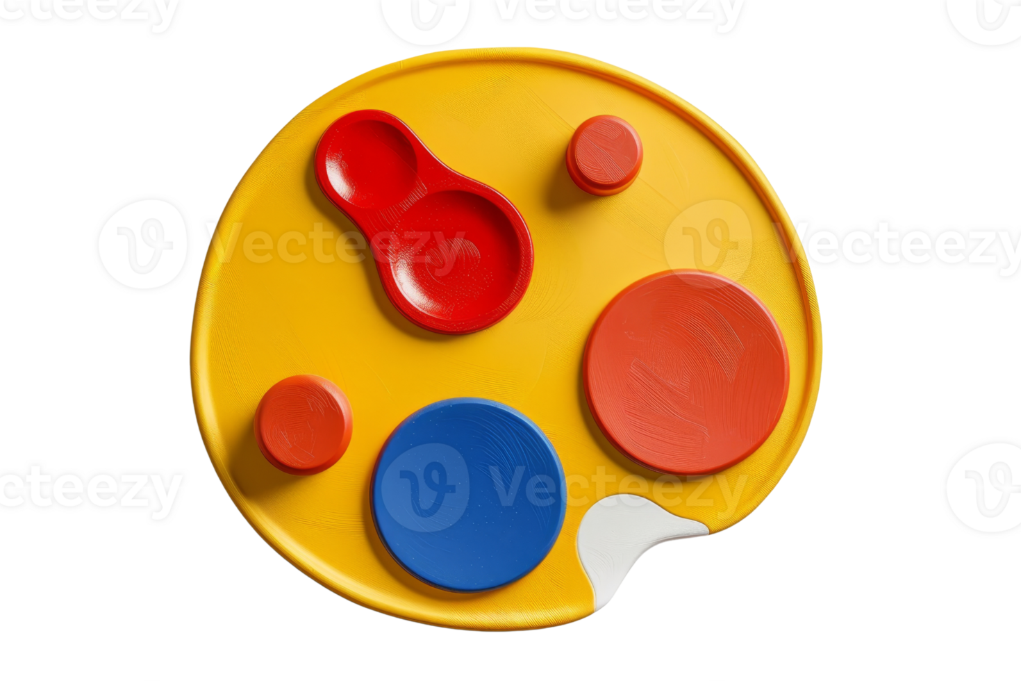 Colorful abstract geometric shapes on a yellow background, featuring circles and organic forms in red and blue for modern design elements. png