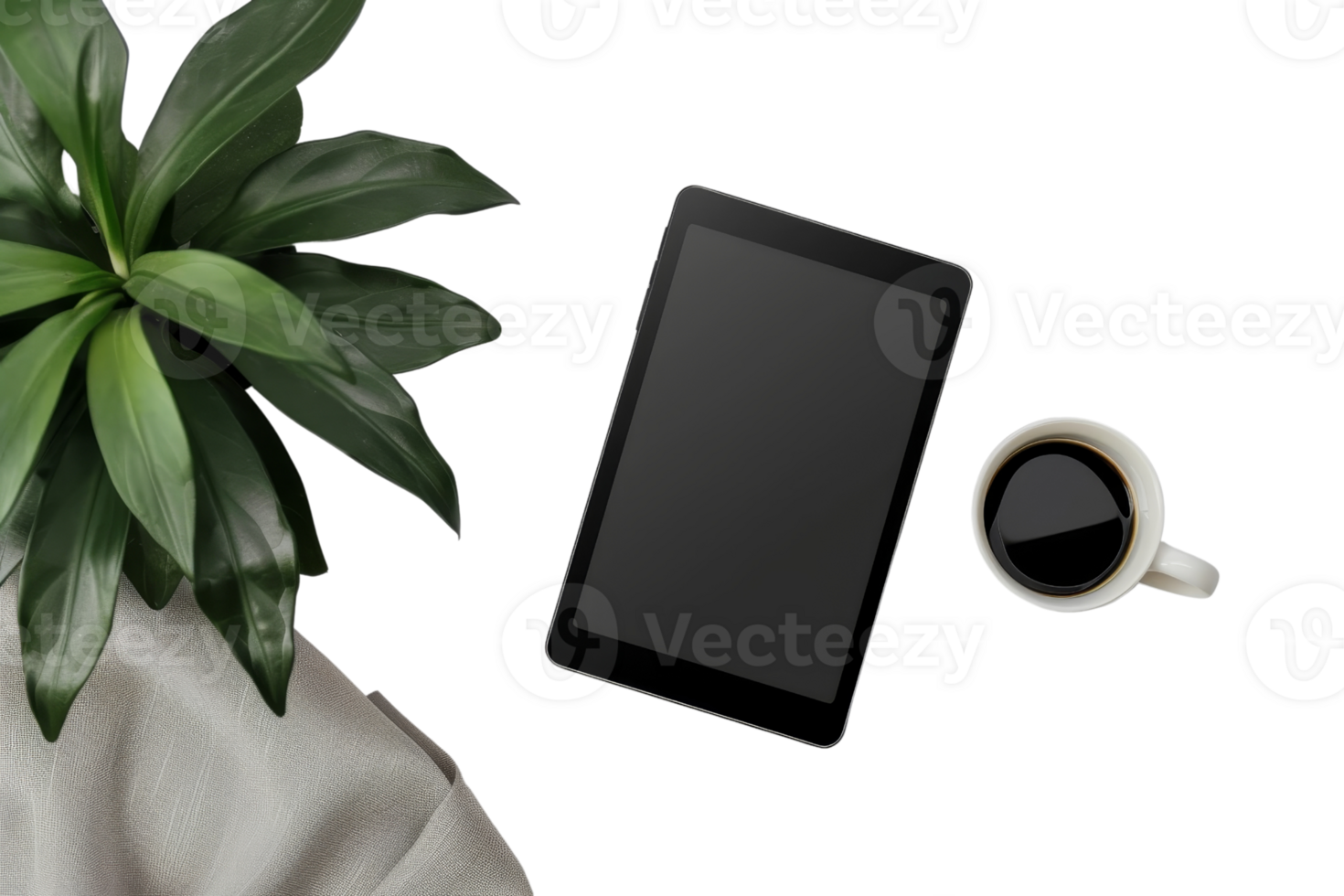 Top view of digital tablet, coffee cup, and green plant on minimalist workspace background. Perfect for workplace and technology concepts. png
