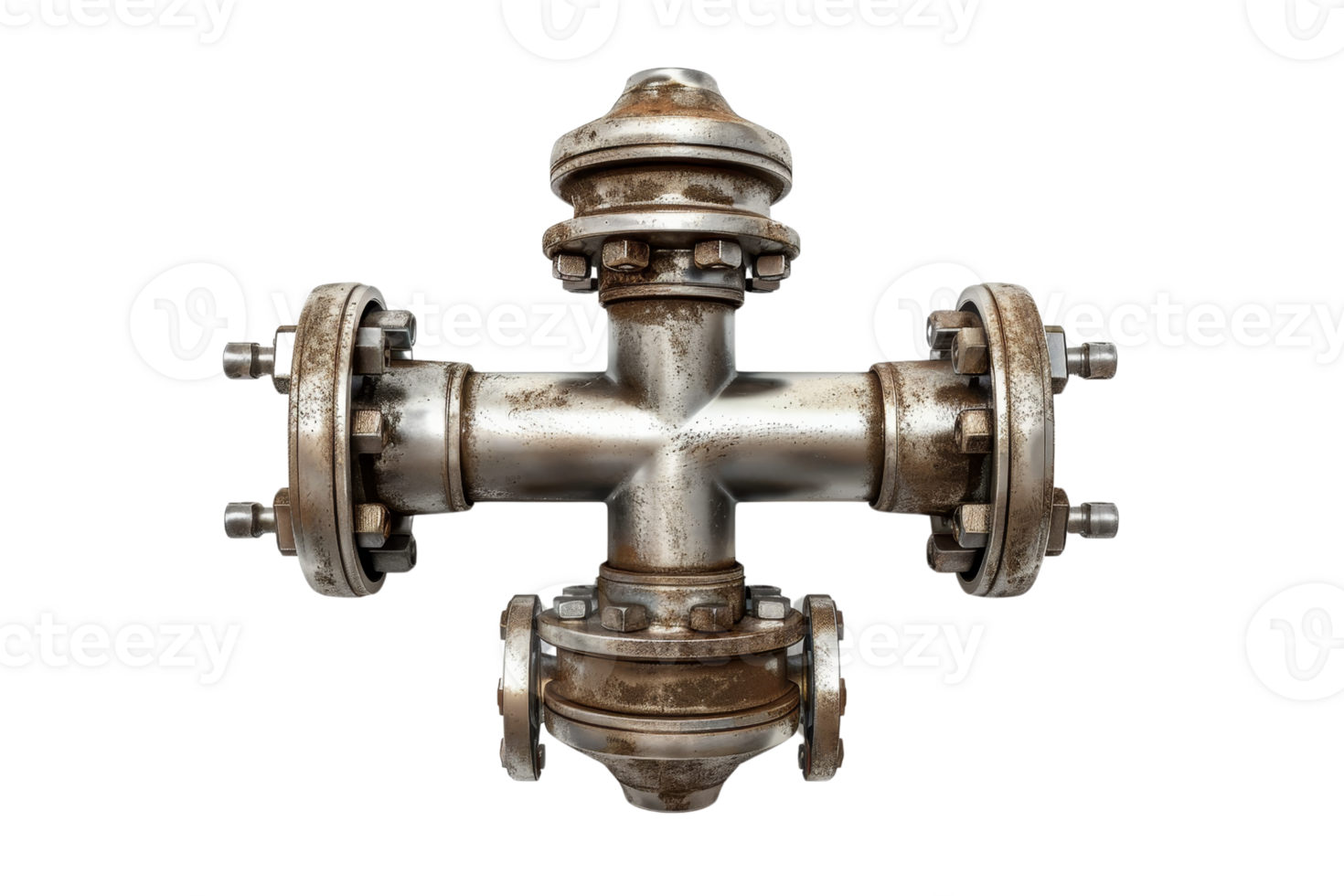 Industrial metal pipe joint, cross-shaped, steel construction with bolts and rust, isolated on transparent background. Perfect for engineering designs. png