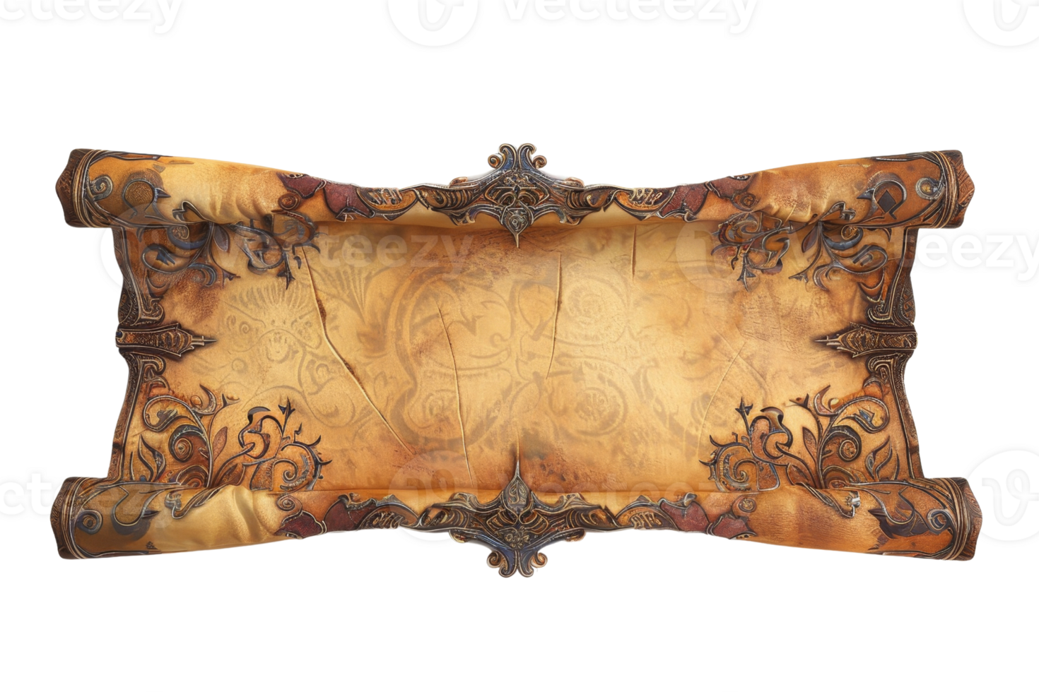 Vintage ornate scroll with elaborate border design and medieval elements, perfect for historical or fantasy-themed projects. png