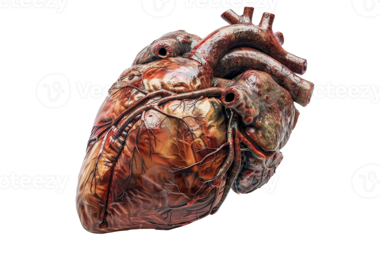 Detailed anatomical model of the human heart, showcasing intricate vascular structures for medical and educational purposes. png