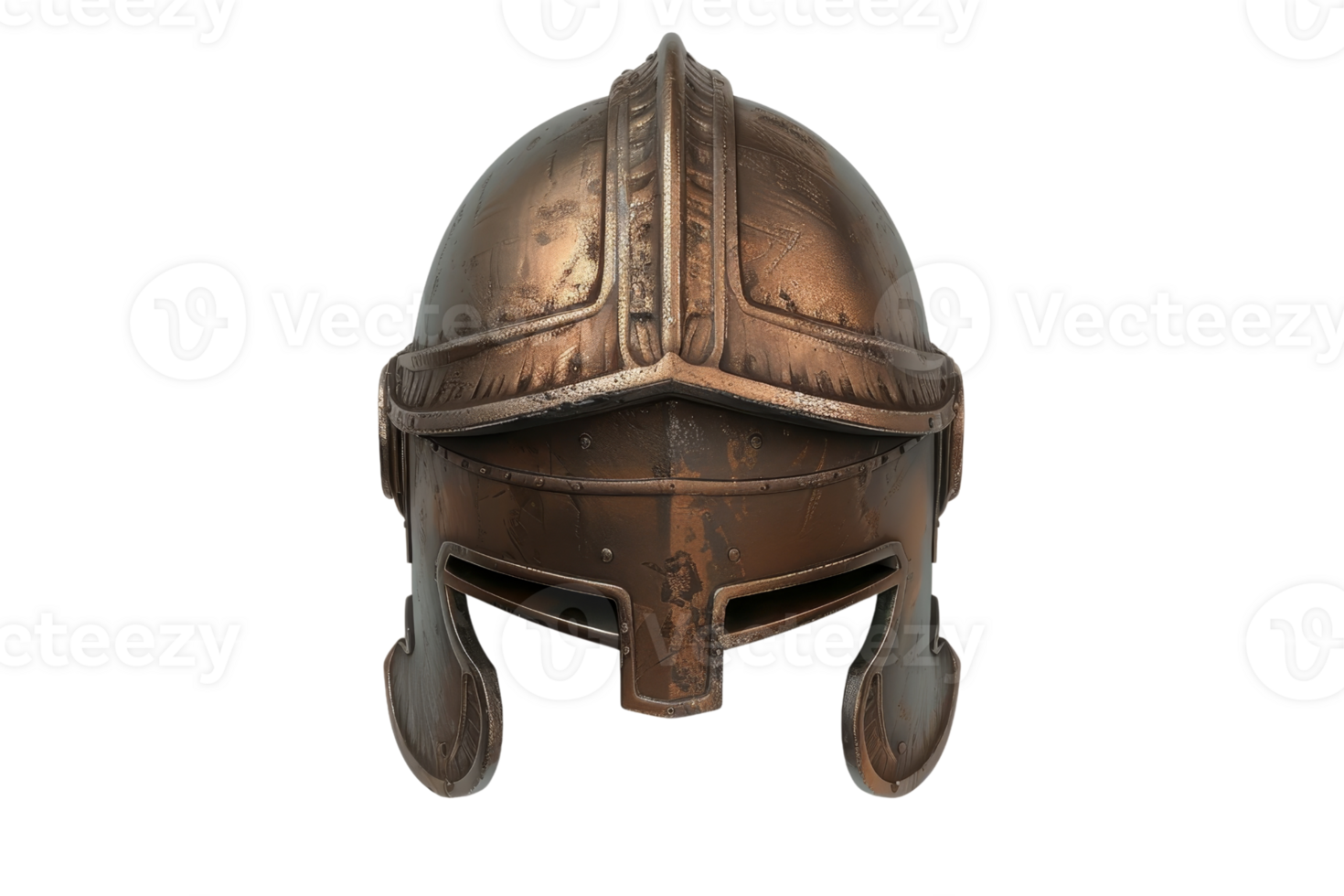 Antique bronze helmet with intricate design, showcased against a transparent background. Perfect for historical or medieval themes. png