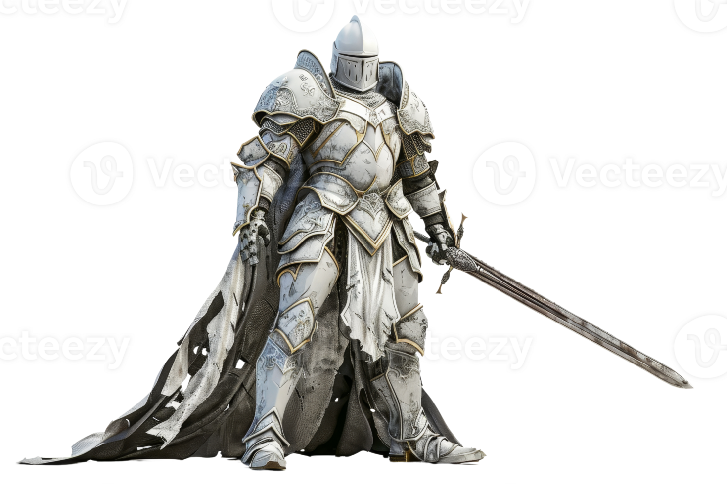 A majestic knight in shining armor holding a sword, embodying strength and valor with intricate detailing on the armor, exuding epic fantasy. png