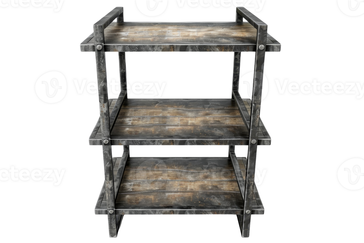 Vintage three-tier wooden shelf with rustic finish, ideal for storage and decoration in a home or office setting. png