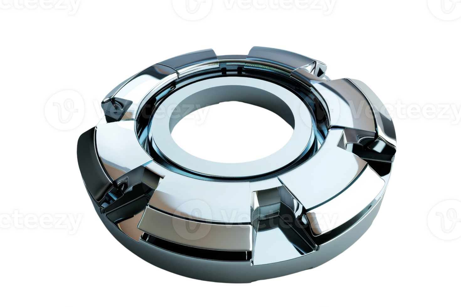 High-tech silver torus-shaped mechanical part with intricate design isolated on transparent background. perfect for industrial or technology themes. png