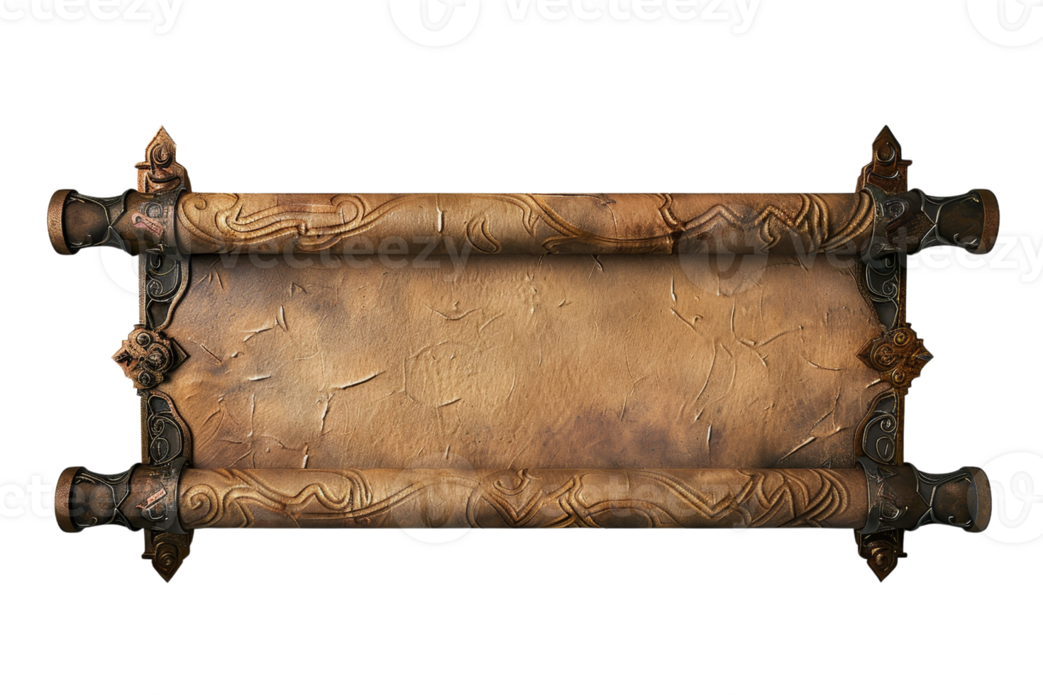 Vintage ornate scroll with intricate designs, providing a blank parchment surface perfect for text or artwork. png