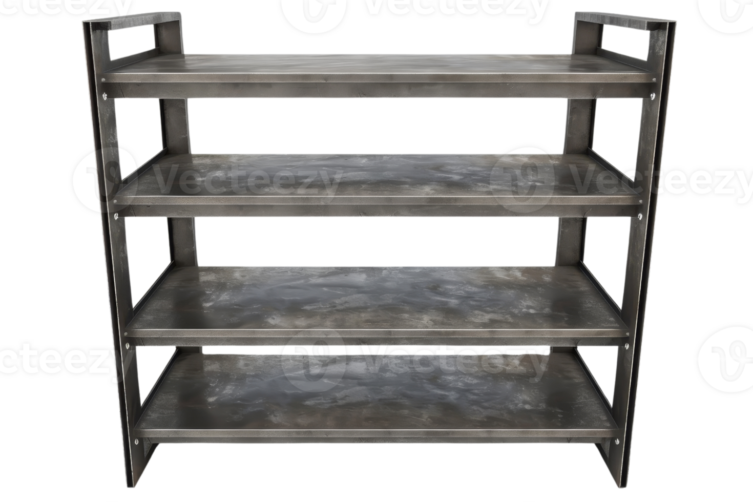 Industrial metal shelving unit with four levels, perfect for organizing and storing items in a home or workshop, sturdy and durable construction. png