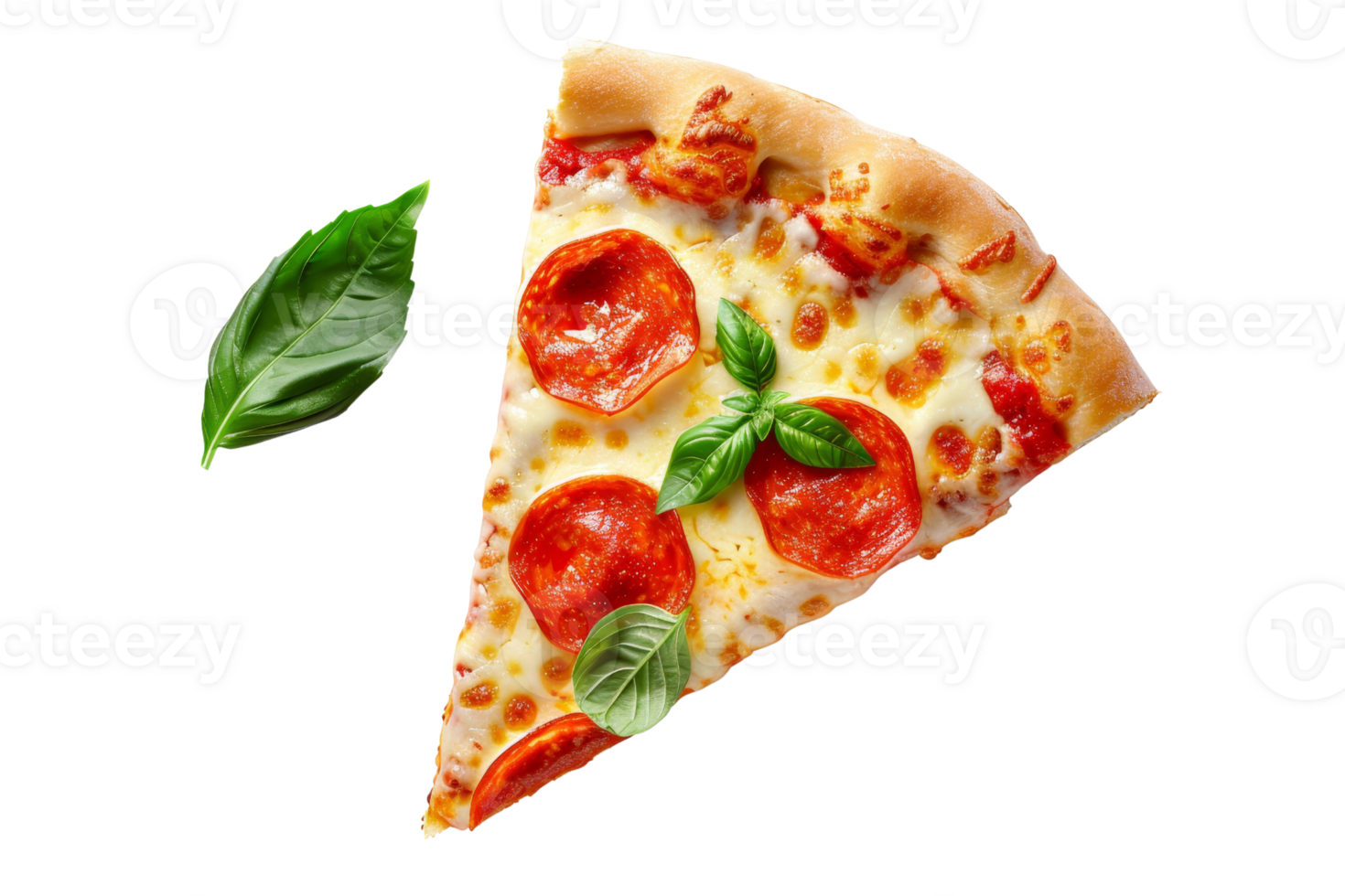 Delicious pepperoni pizza slice with fresh basil leaves isolated on transparent background. Perfect for food advertisements and menus. png