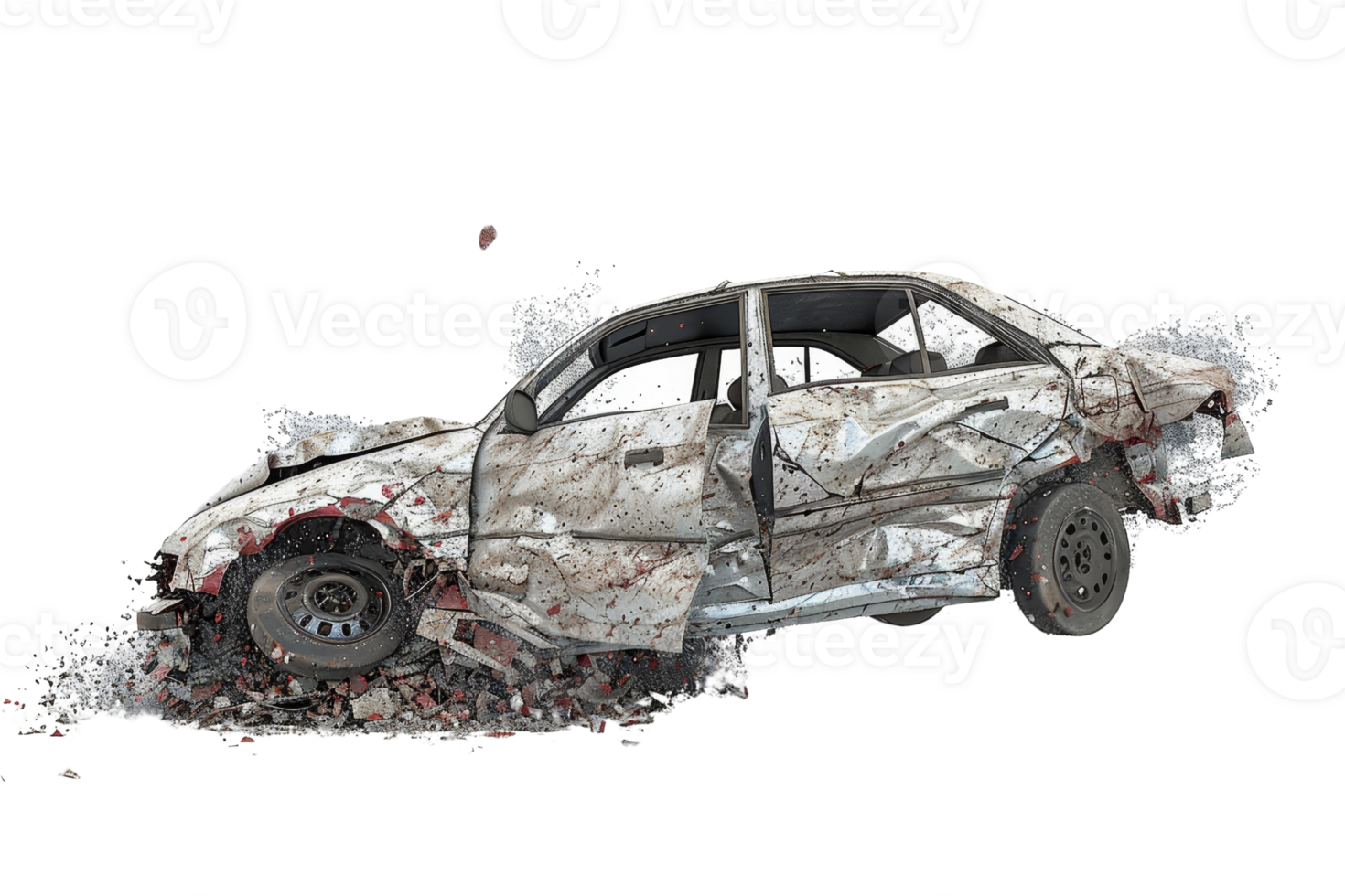 Crashed car wreck with severe damage, illustrating accident aftermath and vehicle destruction on a transparent background. png