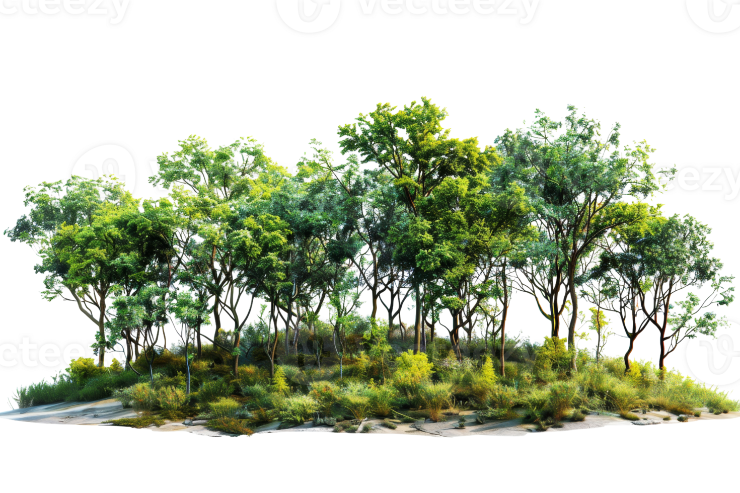 A lush forest with a variety of green trees and shrubs, creating a natural and tranquil scene, perfect for nature and outdoor themes. png