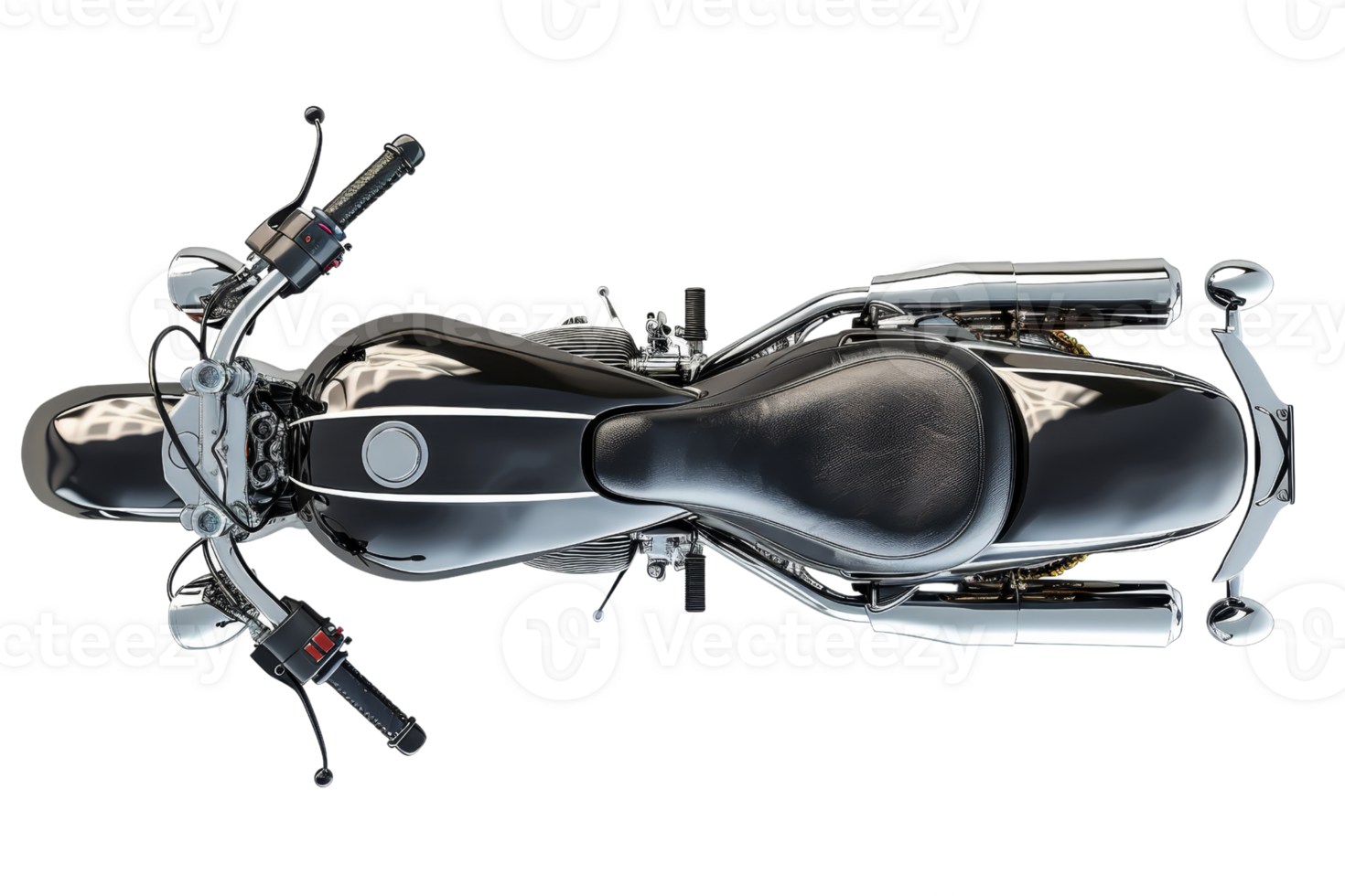 Top view of a classic black motorcycle showcasing its sleek design and leather seat, perfect for bike enthusiasts and design projects. png