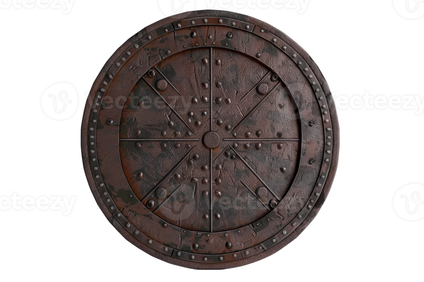 Rustic medieval shield with intricate design, showcasing old world craftsmanship and historical significance, perfect for reenactments or displays. png