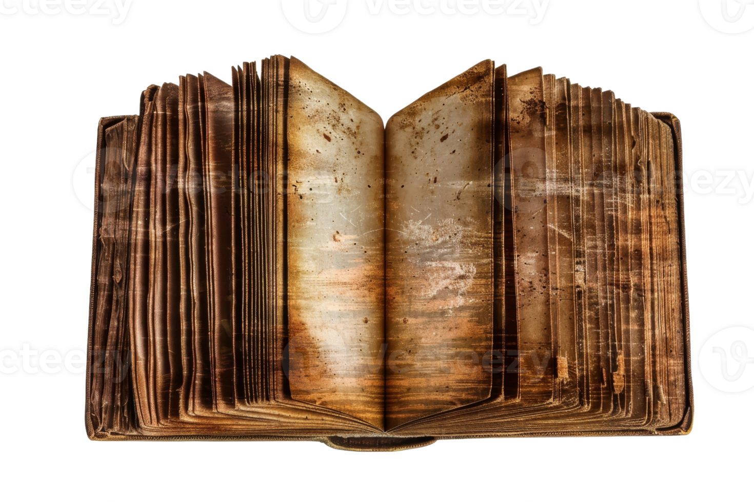 Vintage open book with worn, aged pages and a textured, rustic look, ideal for historical, literary, and antique-themed projects. png