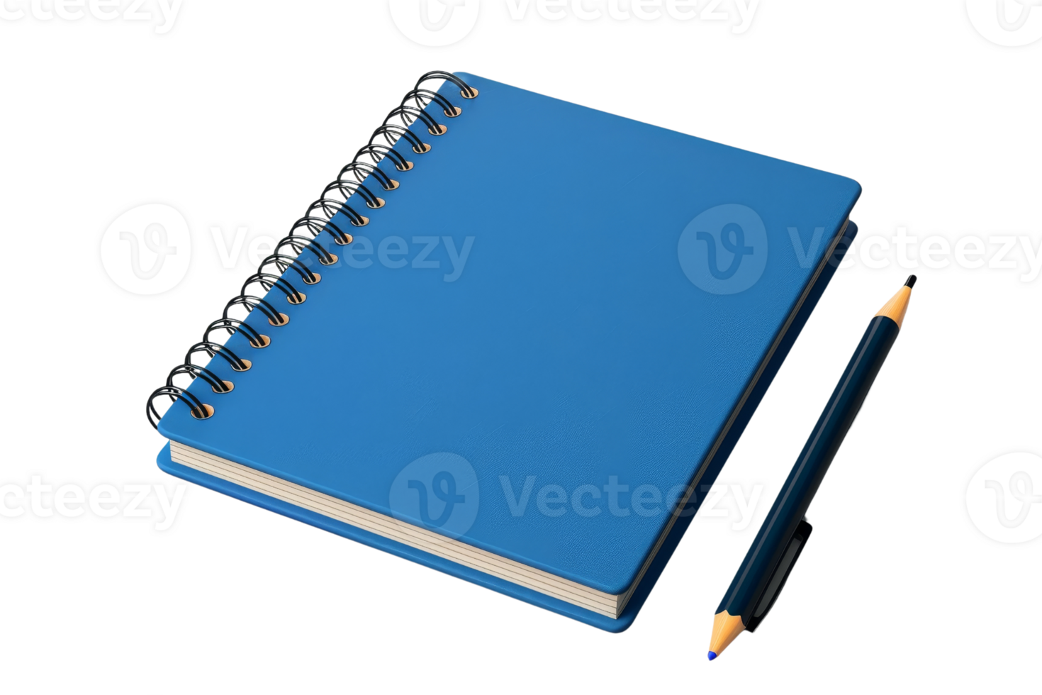 Blue spiral notebook and pencil on a transparent background. Ideal for back to school, office supplies, and educational materials. png