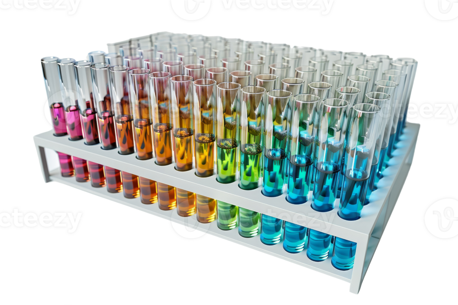 A set of colorful test tubes arranged in a laboratory rack displaying different liquids for scientific experiments and research purposes. png