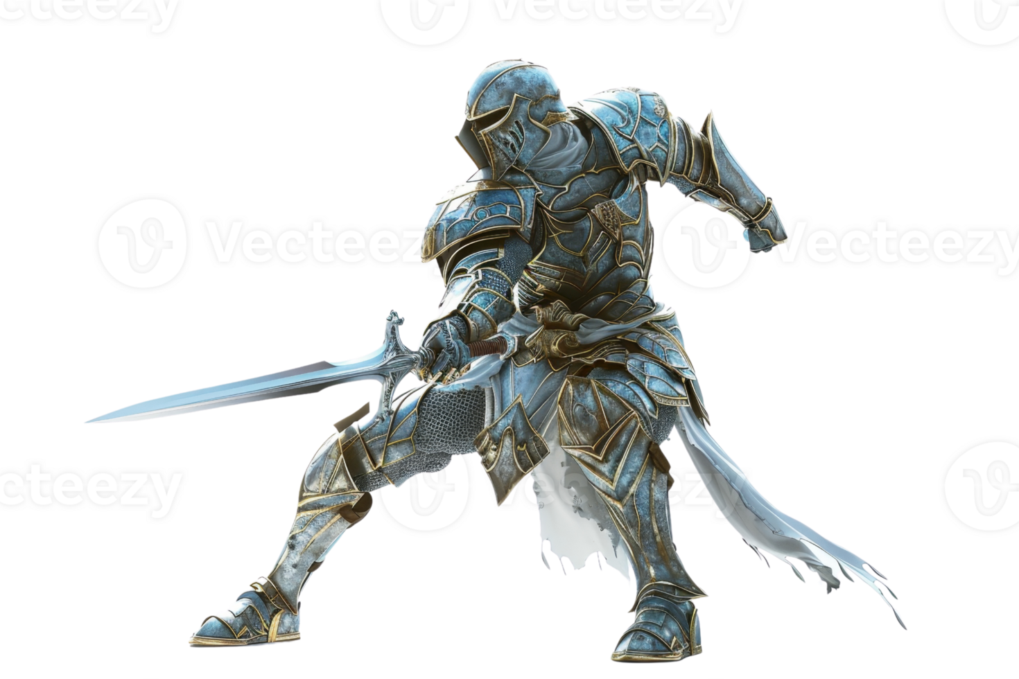 Digital illustration of an armored knight in a dynamic combat pose with a sword. Reflects medieval fantasy themes and heroic bravery. png