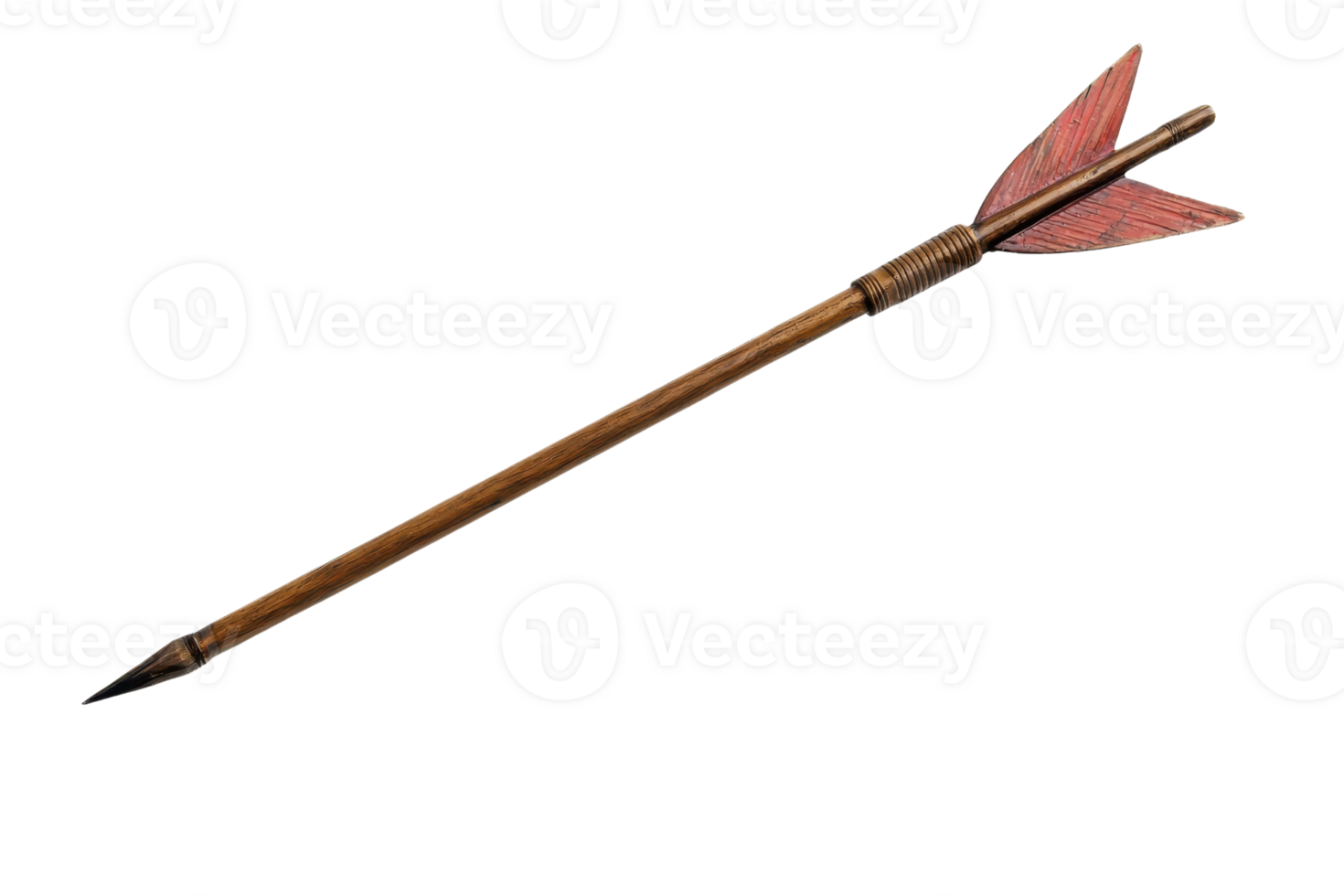 A detailed image of a traditional arrow with a wooden shaft and red feather fletching, isolated on a transparent background. png