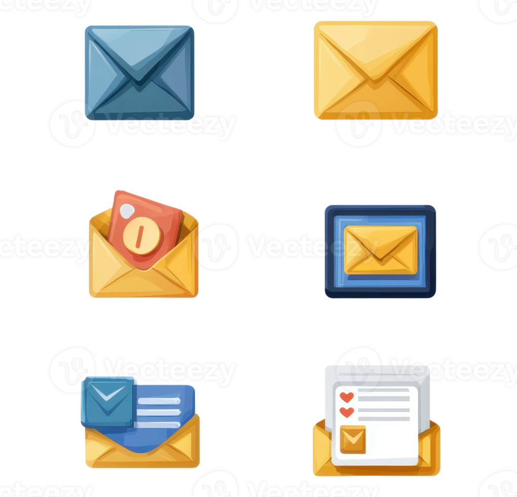 A set of six colorful email icons representing different message types and statuses in a modern, playful design. png