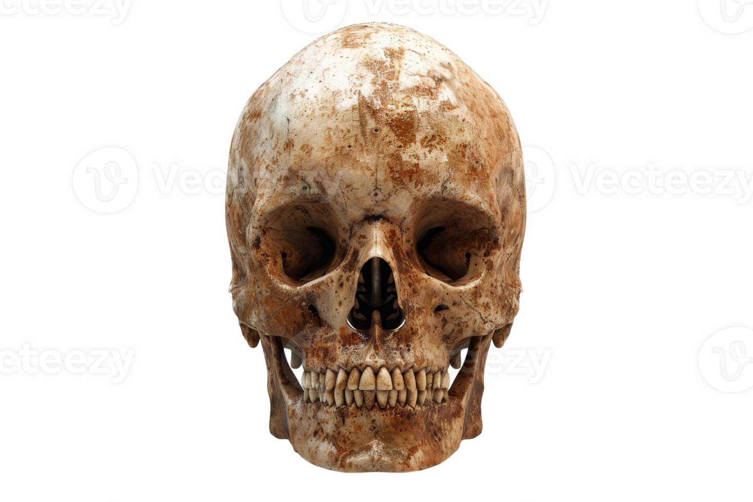 Detailed close-up of an ancient, weathered human skull isolated on a transparent background. Perfect for themes of mortality, archaeology, and history. png