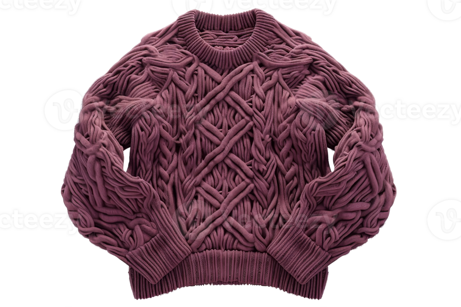 Cozy knitted purple sweater with intricate patterns, ideal for cold weather. Perfect for adding a stylish touch to your winter wardrobe. png