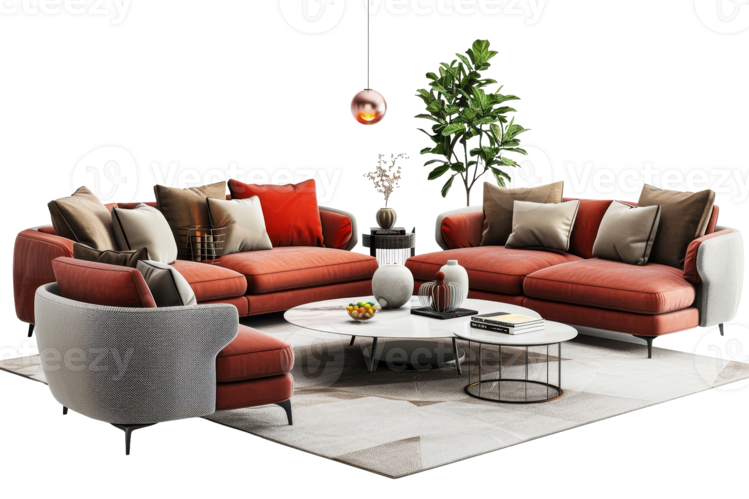 Modern living room with stylish red furniture, cozy cushions, coffee table, greenery, pendant light, and a contemporary carpet on the floor. png