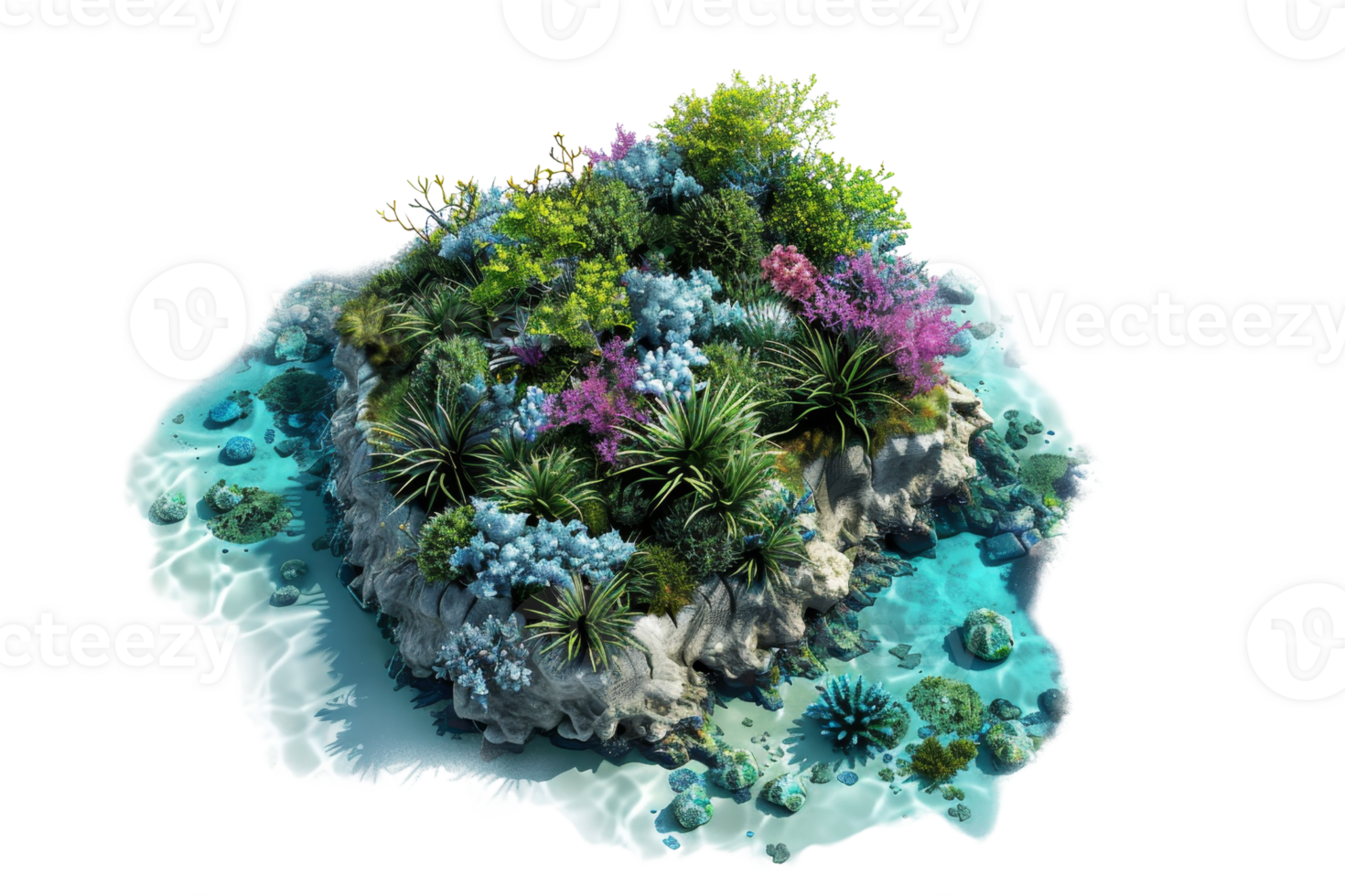 Lush tropical island with vibrant flora surrounded by turquoise waters, showcasing a vibrant and diverse ecosystem. png
