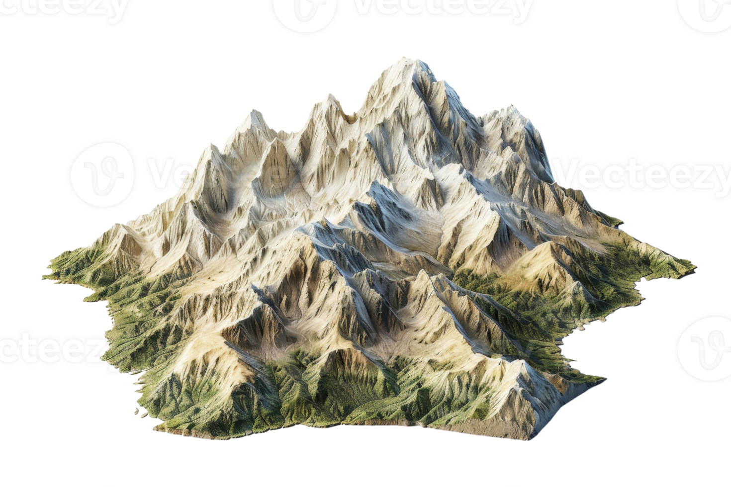Detailed 3D topographic model of mountain range, highlighting peaks, valleys, and rugged terrain in a realistic representation. png