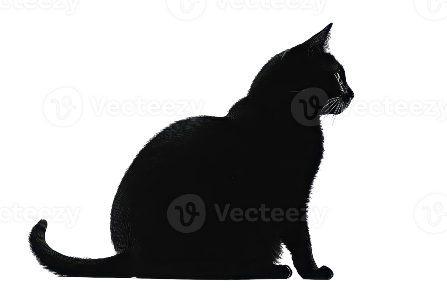 Side profile of a black cat sitting gracefully against a transparent background. showcasing its sleek fur and elegant posture. png