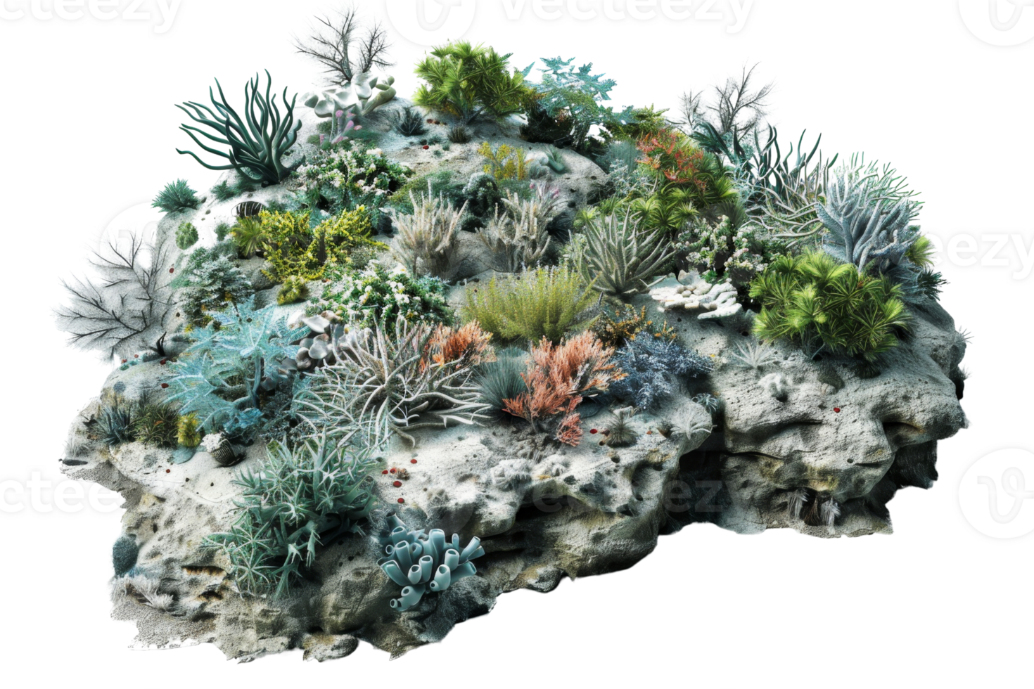Vibrant underwater coral reef illustration depicting diverse aquatic plants and corals in an oceanic setting, rich in marine life. png