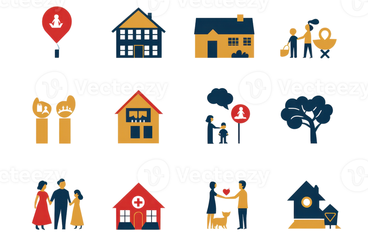 A colorful set of family and home-related icons including houses, trees, and people, representing various aspects of family life. png