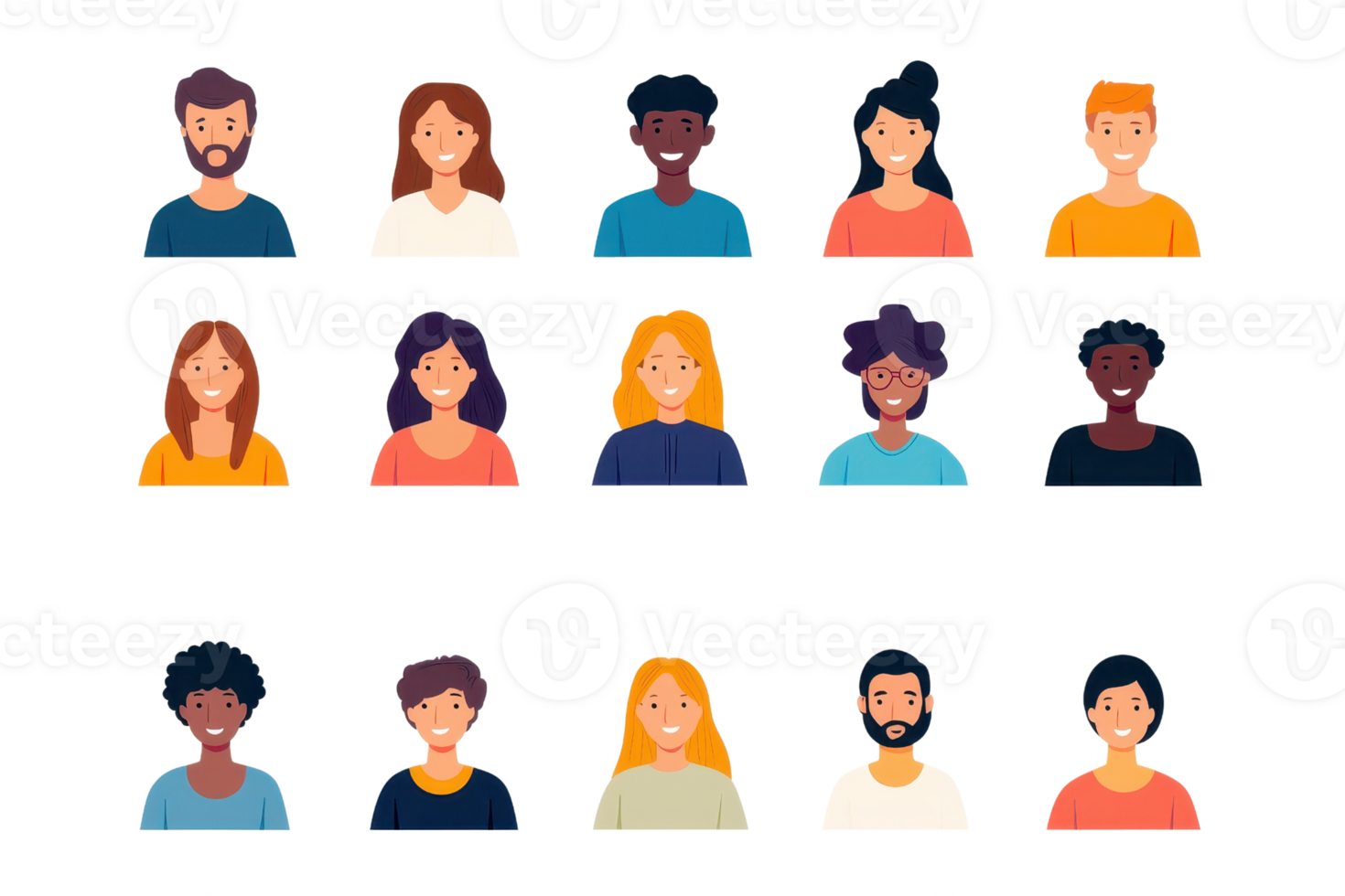 Diverse set of illustrated portraits of people representing different cultures and ethnicities. Ideal for multicultural or inclusion themes. png