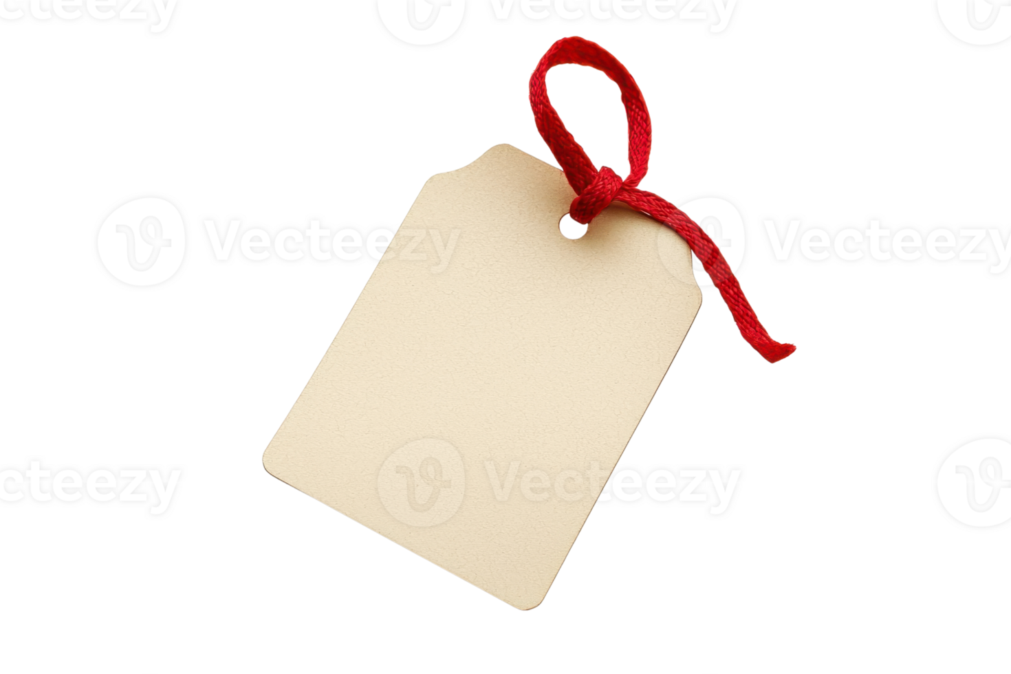 Close-up of a blank beige gift tag with a red ribbon, perfect for labeling presents, parties, and holidays. Isolated on a transparent background. png