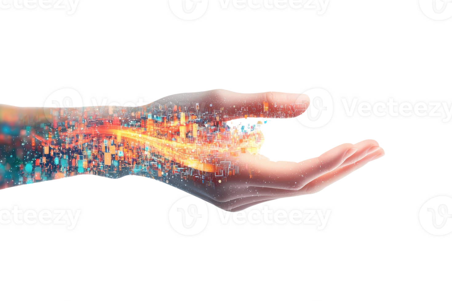 Digital hand representing technology and innovation, sparkling with bright lights and data visualization elements on a transparent background. png