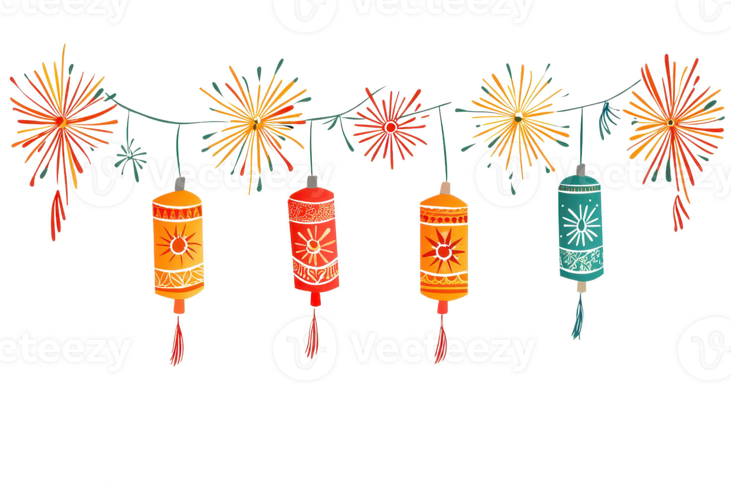Vibrant string lights and festive lanterns with floral designs, creating a warm and celebratory ambiance for parties and special occasions. png